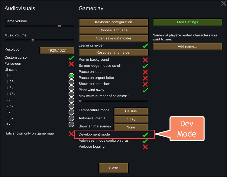 rimworld how to use dev mode